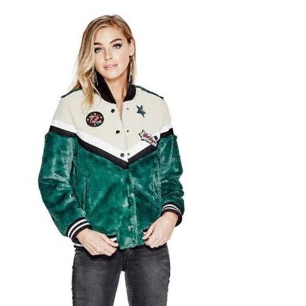 GUESS Joanne Coat Bomber Varsity Jacket Faux Fur Sherpa Designer Fashion medium
